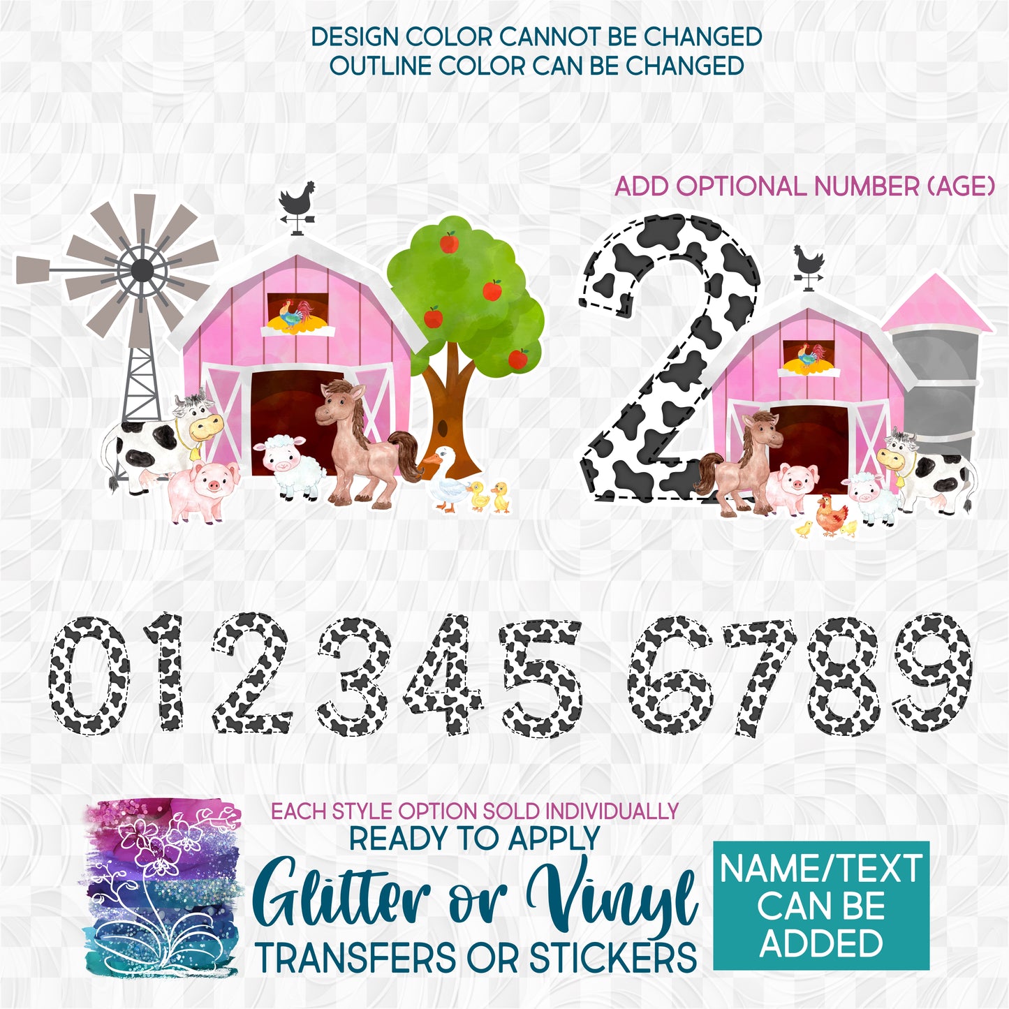 (s003-16A) Pink Watercolor Barn Farm Animals Number Age 1, 2, 3, 4, 5 Glitter or Vinyl Iron-On Transfer or Sticker