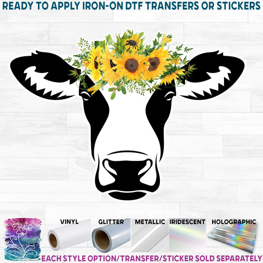 (s003-02W1) Cow Face with Sunflowers Flowers Floral Printed Heat Transfer or Sticker