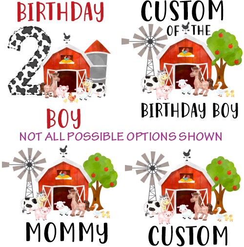 (s003-16B) Red Barn Farm Animals Age Custom Name Text Family