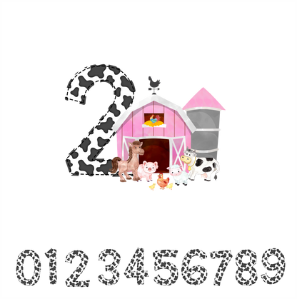 (s003-16A) Birthday Girl Custom Name Age Number Pink Barn Farm Animals