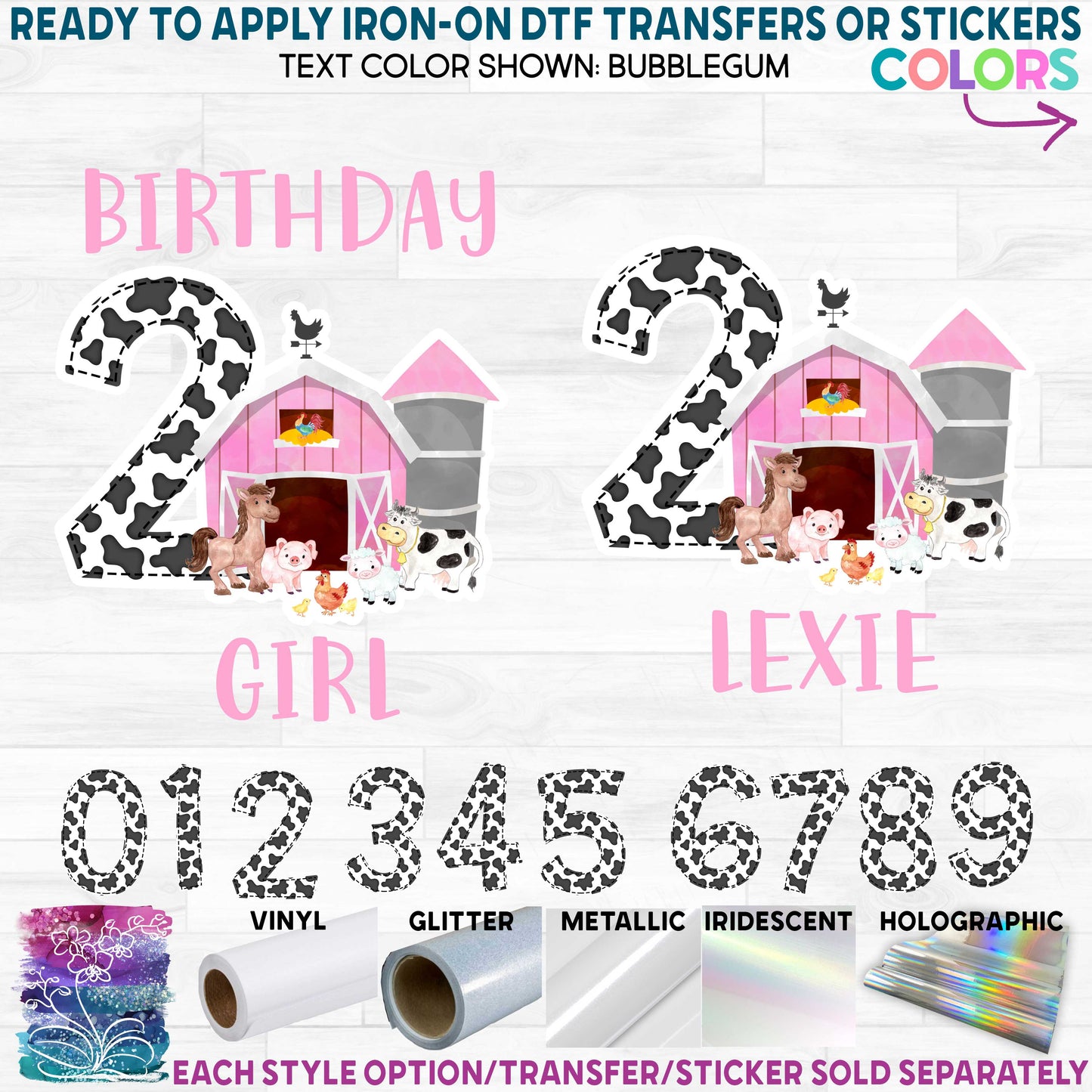 (s003-16A) Birthday Girl Custom Name Age Number Pink Barn Farm Animals