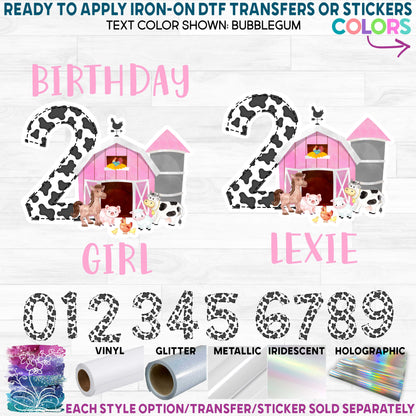 (s003-16A) Birthday Girl Custom Name Age Number Pink Barn Farm Animals Printed Heat Transfer or Sticker