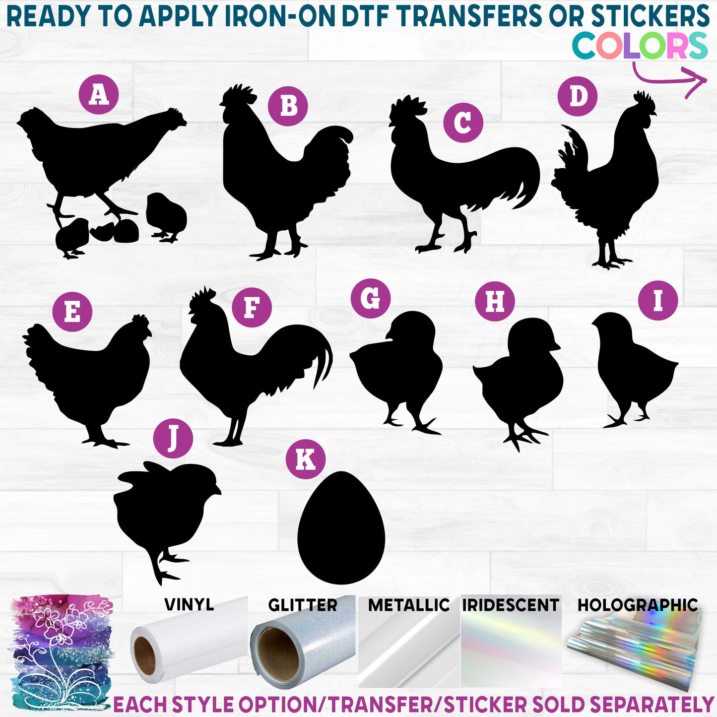 (s003-01) Chickens Chick Hen Rooster Egg Printed Heat Transfer or Sticker