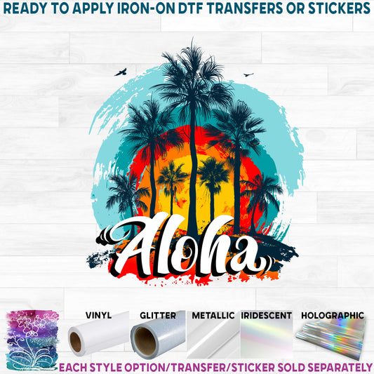 (s040-2E) Palm Tree Retro Sunset Hawaii Florida Bahamas Aloha Beach Vibes Custom Text Printed Heat Transfer or Sticker