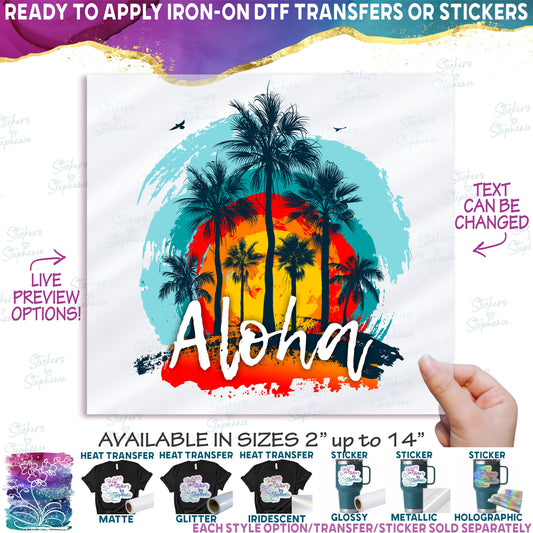 (s040-2E) Palm Tree Retro Sunset Hawaii Florida Bahamas Aloha Beach Vibes Custom Text