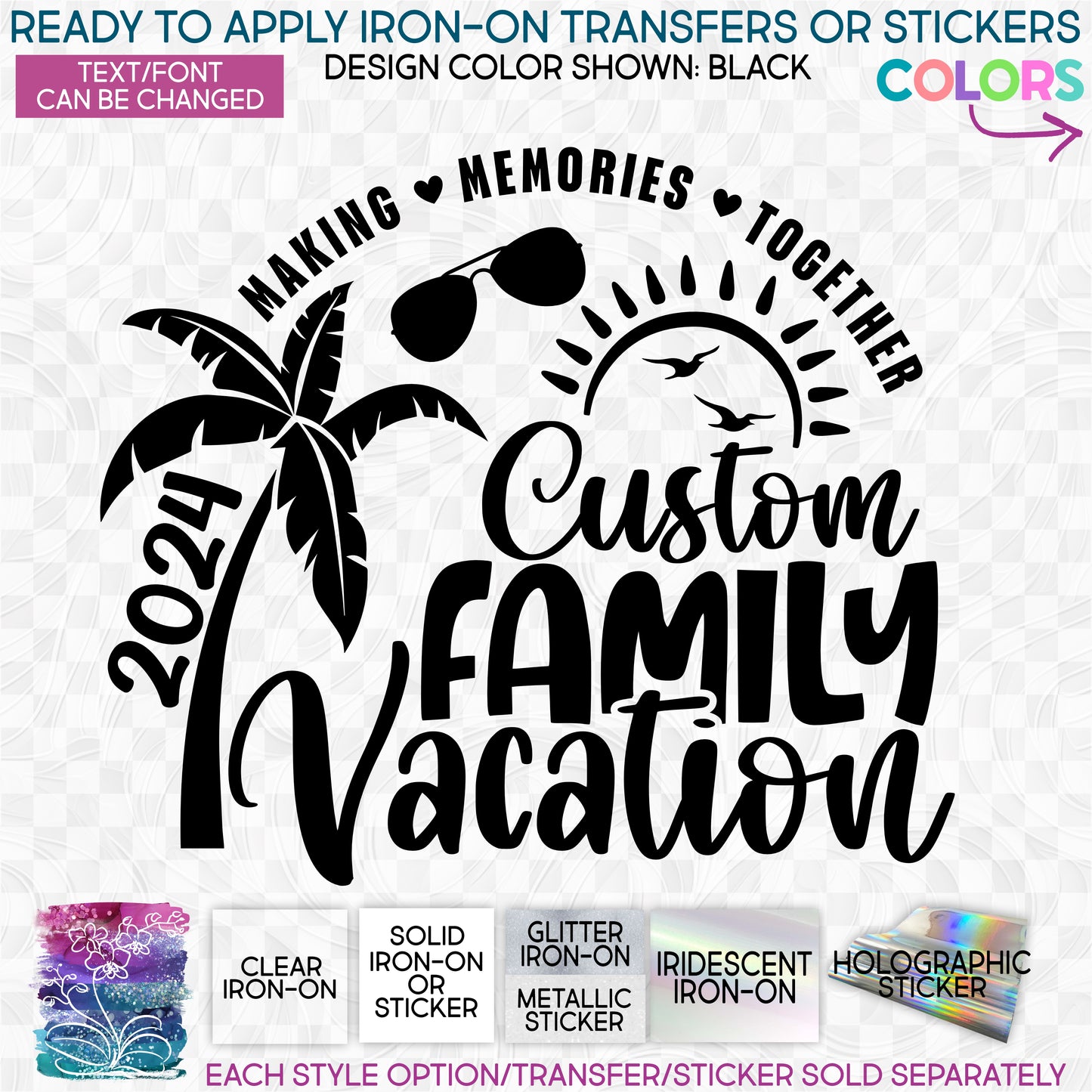 s40-2G Palm Tree Custom Family Vacation Trip Customize with Name or Location Made-to-Order Iron-On Transfer or Sticker
