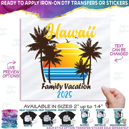 (040-02-A) Palm Tree Sunset Custom Text Family Vacation Bachelorette Trip