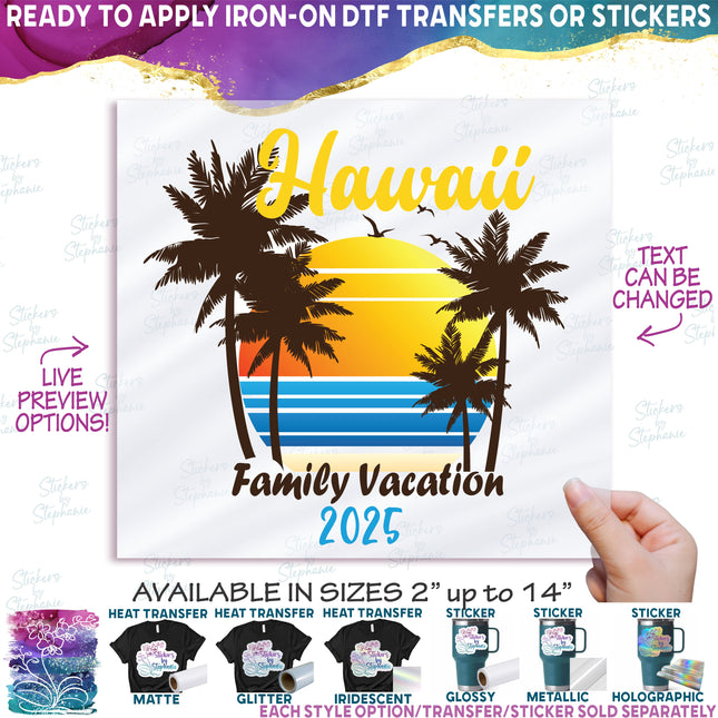 (040-02-A) Palm Tree Sunset Custom Text Family Vacation Bachelorette Trip