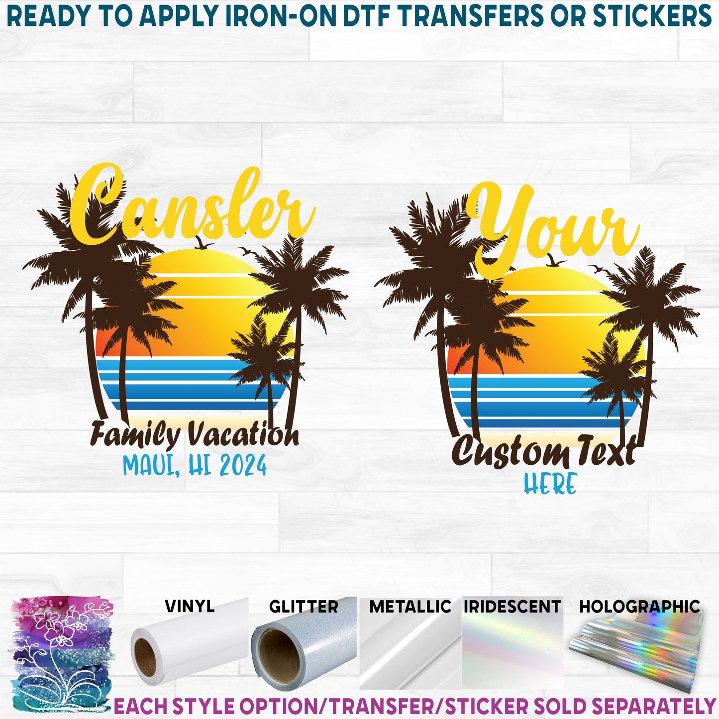 (s040-2A) Palm Tree Sunset Custom Text Family Vacation Bachelorette Trip