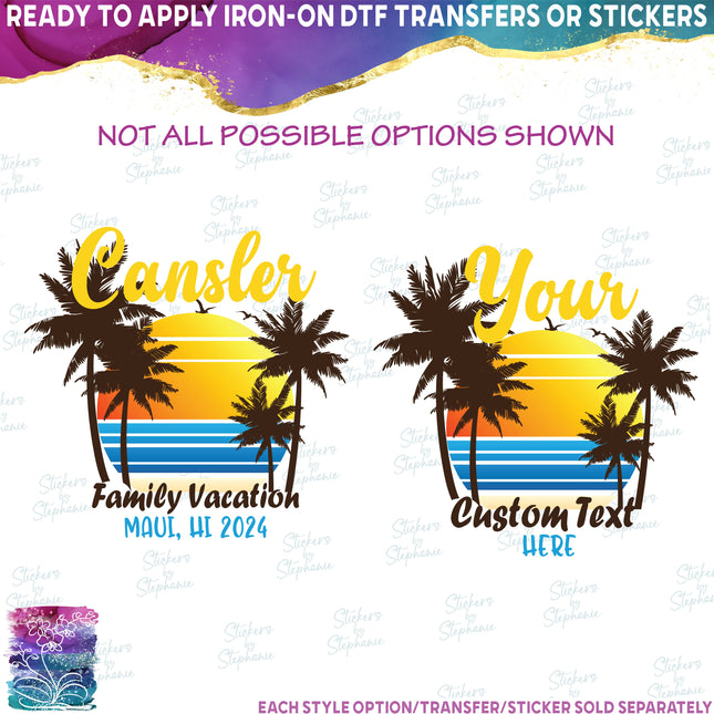 (040-02-A) Palm Tree Sunset Custom Text Family Vacation Bachelorette Trip