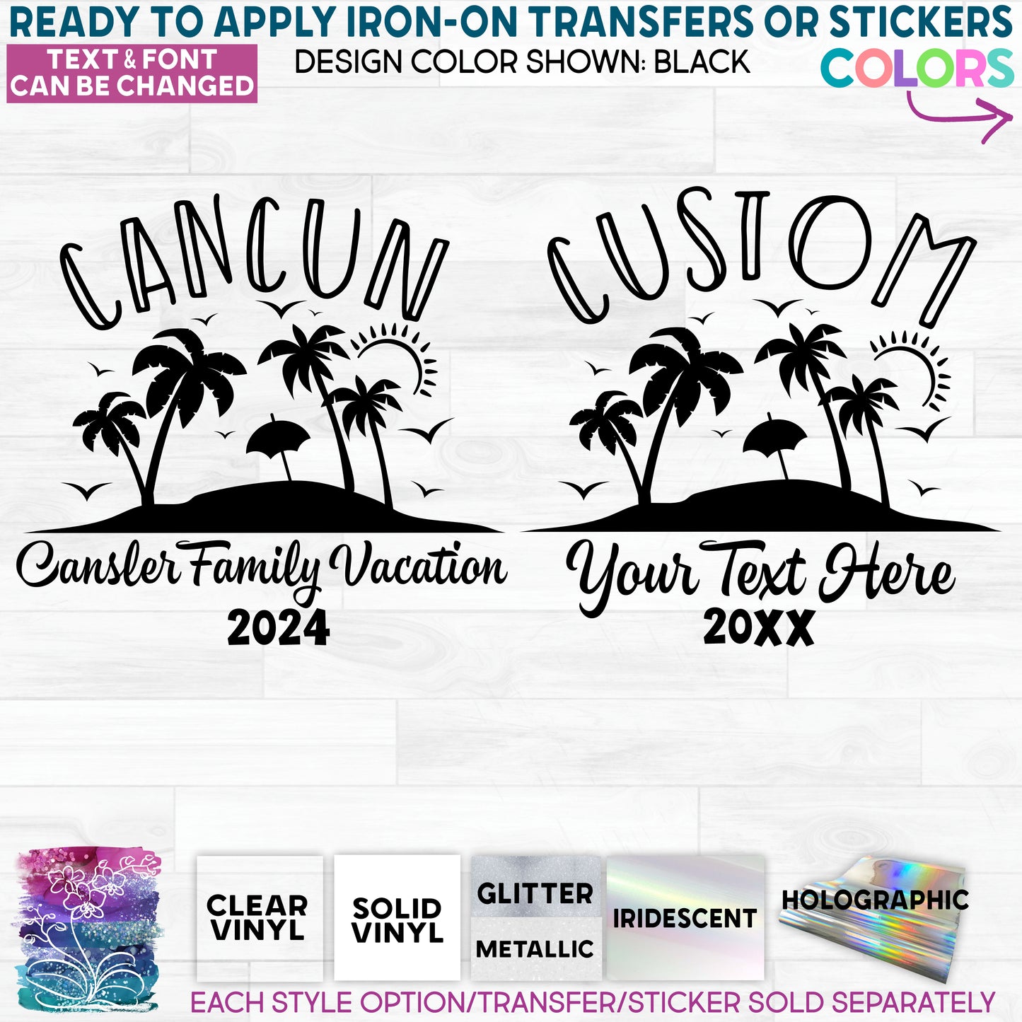 (s040-2B) Palm Tree Island Custom Family Vacation Bachelorette Trip Glitter or Vinyl Iron-On Transfer or Sticker