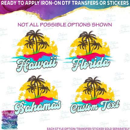(040-02-C) Palm Tree Retro Sunset Hawaii Florida Bahamas Custom Text