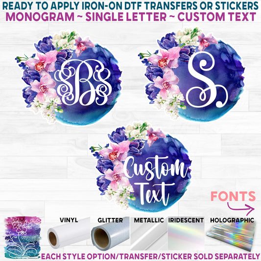 (s401-A) Watercolor Floral Flowers Monogram Printed Heat Transfer or Sticker