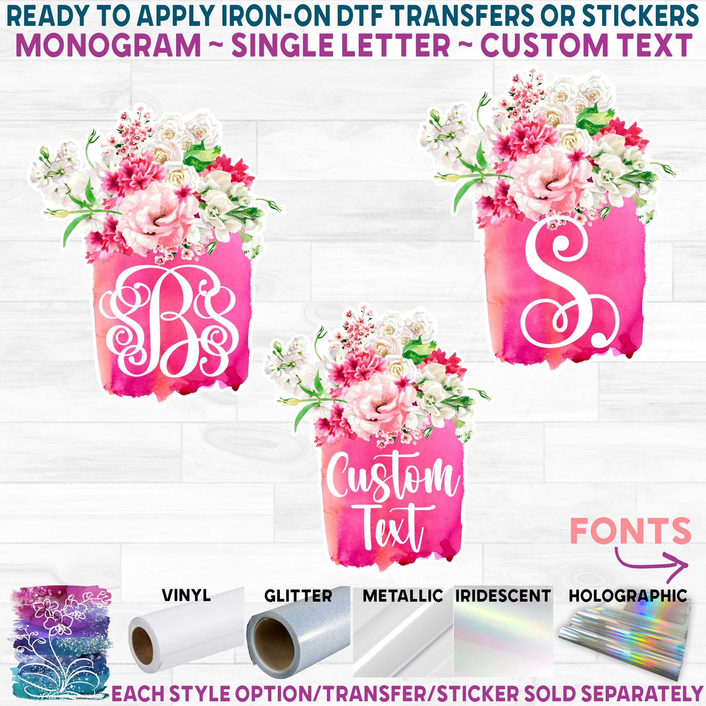 (s401-D) Watercolor Floral Flowers Monogram Printed Heat Transfer or Sticker