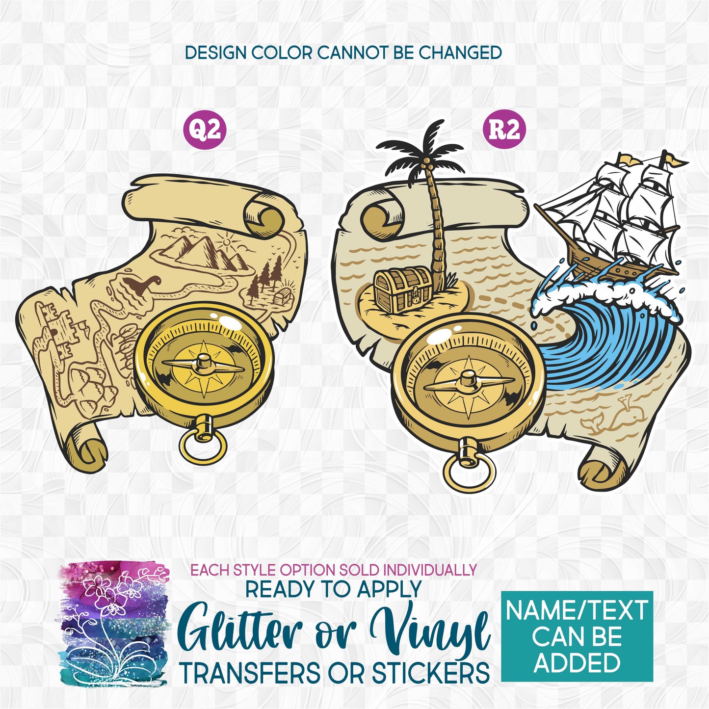 (s405) Pirate Ship Map Compass Glitter or Vinyl Iron-On Transfer or Sticker