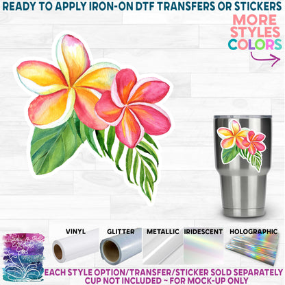 (s407) Watercolor Tropical Flowers Hibiscus Plumeria Bird of Paradise Printed Heat Transfer or Sticker