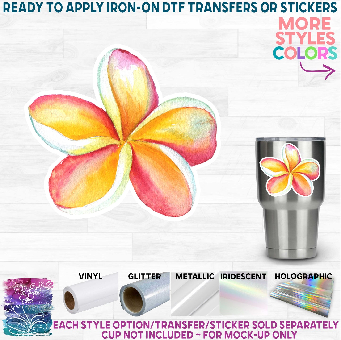 (s407) Watercolor Tropical Flowers Hibiscus Plumeria Printed Heat Transfer or Sticker