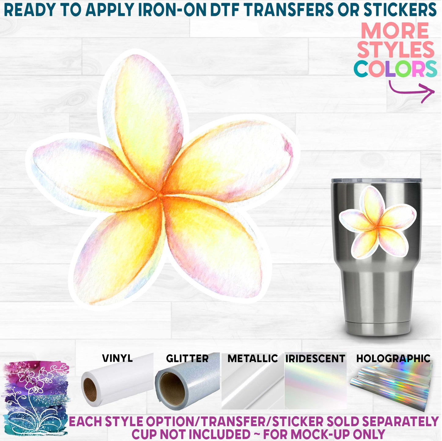 (s407) Watercolor Tropical Flowers Plumeria Printed Heat Transfer or Sticker