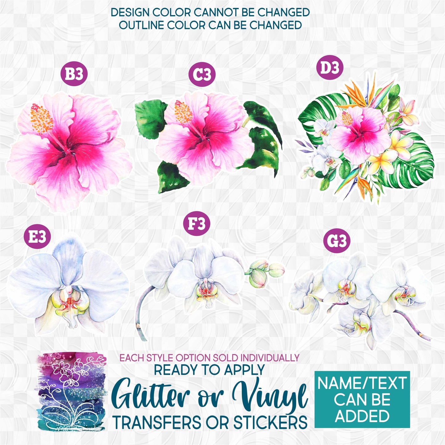 (s407) Watercolor Tropical Flowers Hibiscus Plumeria Bird of Paradise Glitter or Vinyl Iron-On Transfer or Sticker