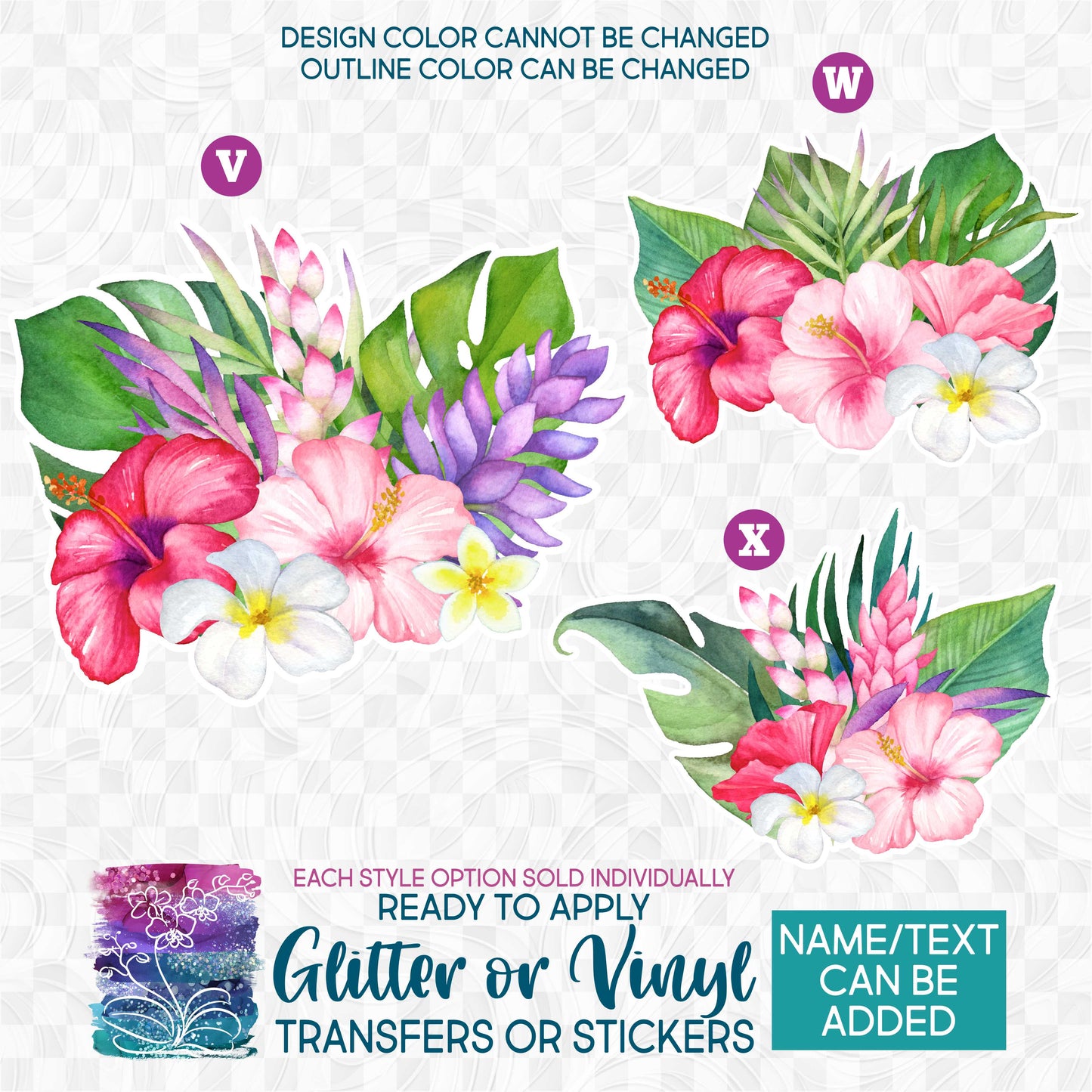 (s407) Watercolor Tropical Flowers Hibiscus Plumeria Glitter or Vinyl Iron-On Transfer or Sticker