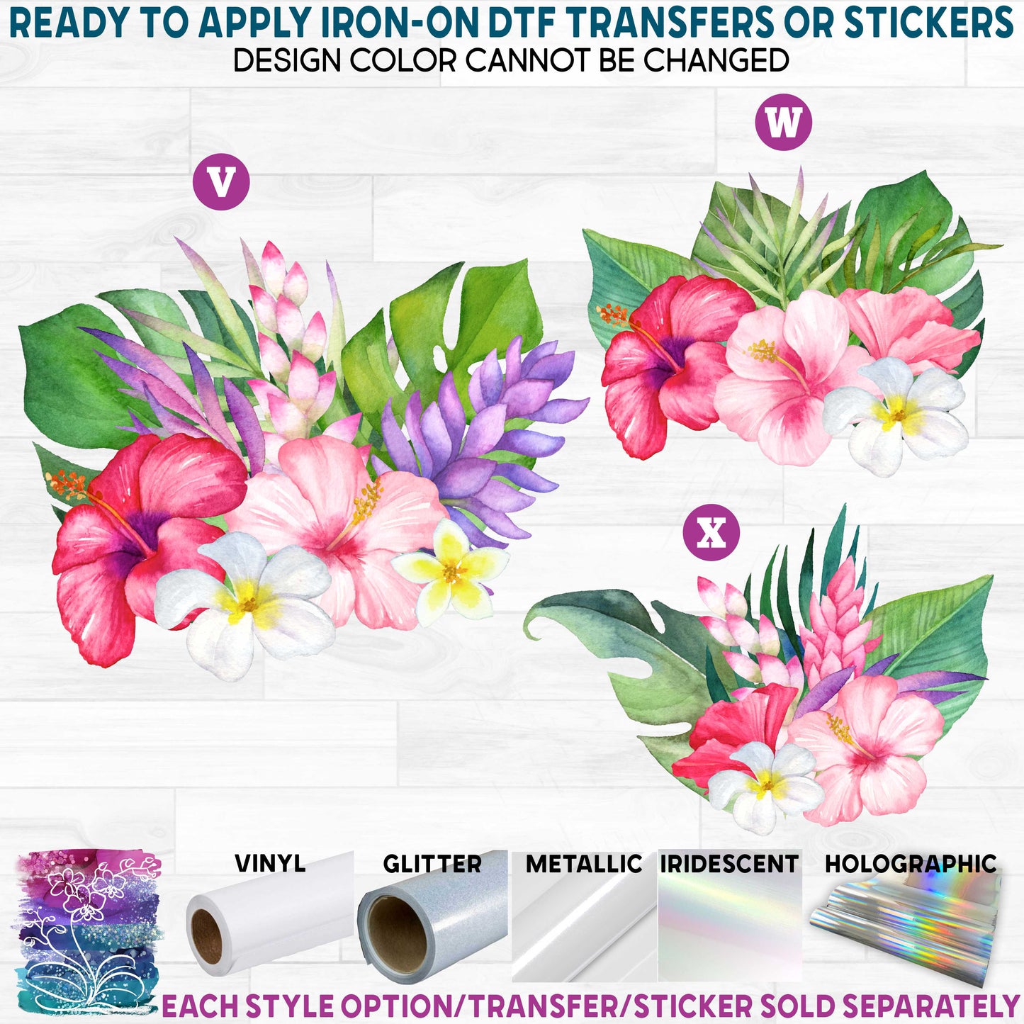 (s407) Watercolor Tropical Flowers Hibiscus Plumeria Printed Heat Transfer or Sticker