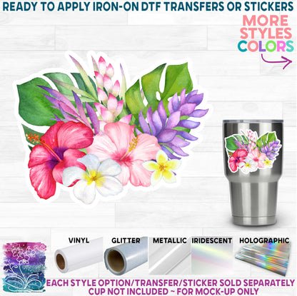 (s407) Watercolor Tropical Flowers Hibiscus Plumeria Printed Heat Transfer or Sticker