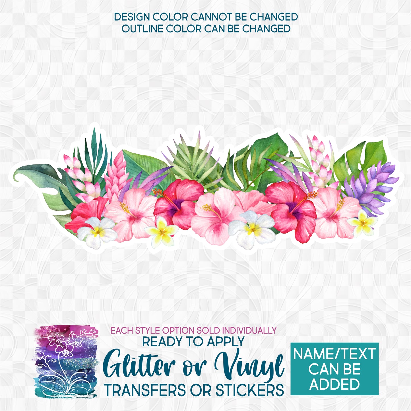 (s407-H2) Watercolor Tropical Flowers Hibiscus Plumeria Glitter or Vinyl Iron-On Transfer or Sticker