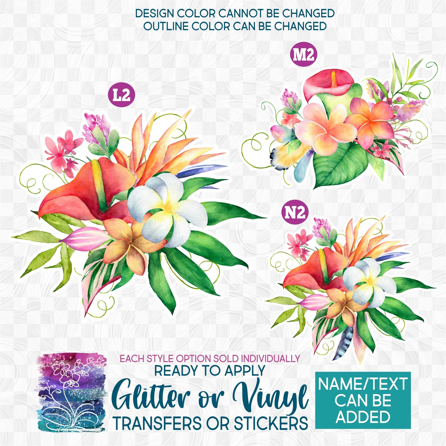 SBS-407 Watercolor Tropical Flowers Hibiscus Plumeria Bouquets Made-to-Order Iron-On Transfer or Sticker