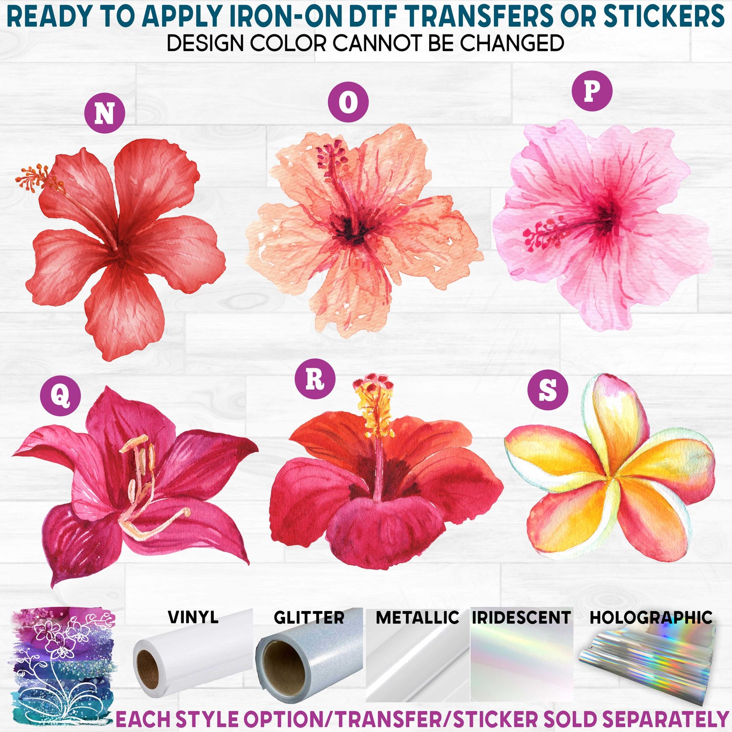 (s407) Watercolor Tropical Flowers Hibiscus Plumeria Printed Heat Transfer or Sticker