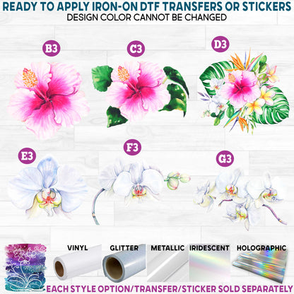 (s407) Watercolor Tropical Flowers Hibiscus Plumeria Printed Heat Transfer or Sticker