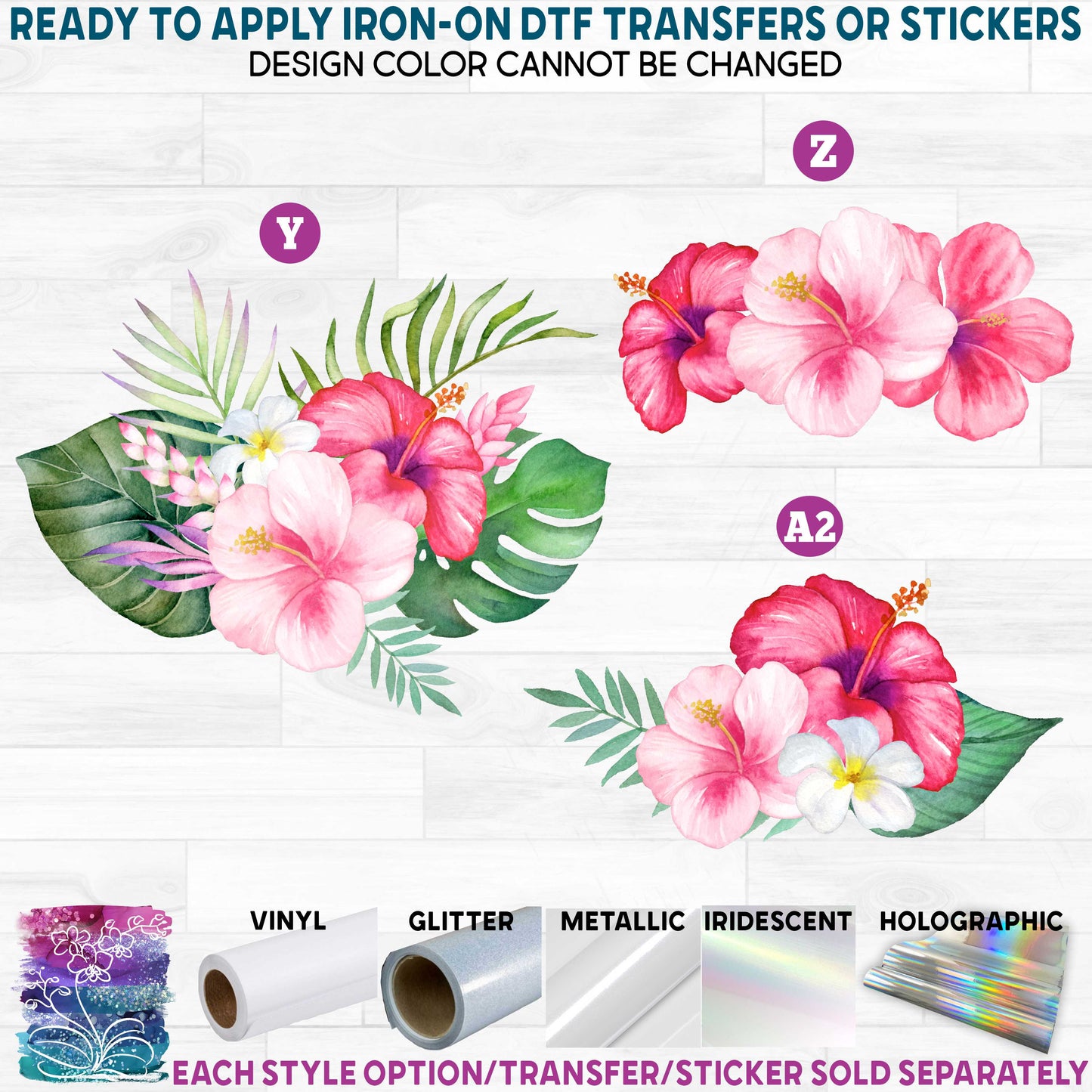 (s407) Watercolor Tropical Flowers Hibiscus Plumeria Printed Heat Transfer or Sticker