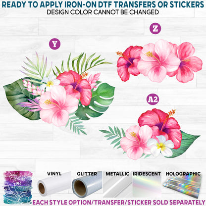 (s407) Watercolor Tropical Flowers Hibiscus Plumeria Printed Heat Transfer or Sticker