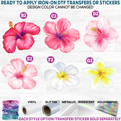 (s407) Watercolor Tropical Flowers Hibiscus Plumeria Bird of Paradise Printed Heat Transfer or Sticker