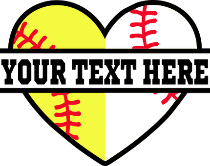 (041-02-W3) Heart Softball Baseball Split Ball Text Iron-On Transfer