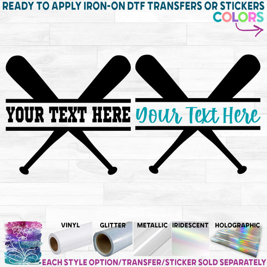 (s041-2P) Baseball Bats Split Team Name or Custom Text Printed Heat Transfer or Sticker