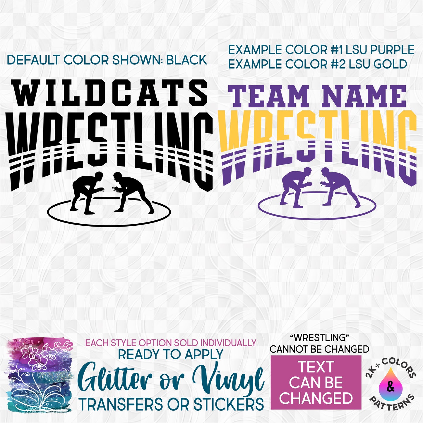 s414-8A Wrestling Wrestlers Team Name Wildcats Bears Eagles Panthers Bulldogs Yellow Jackets Custom Printed Iron On Transfer or Sticker