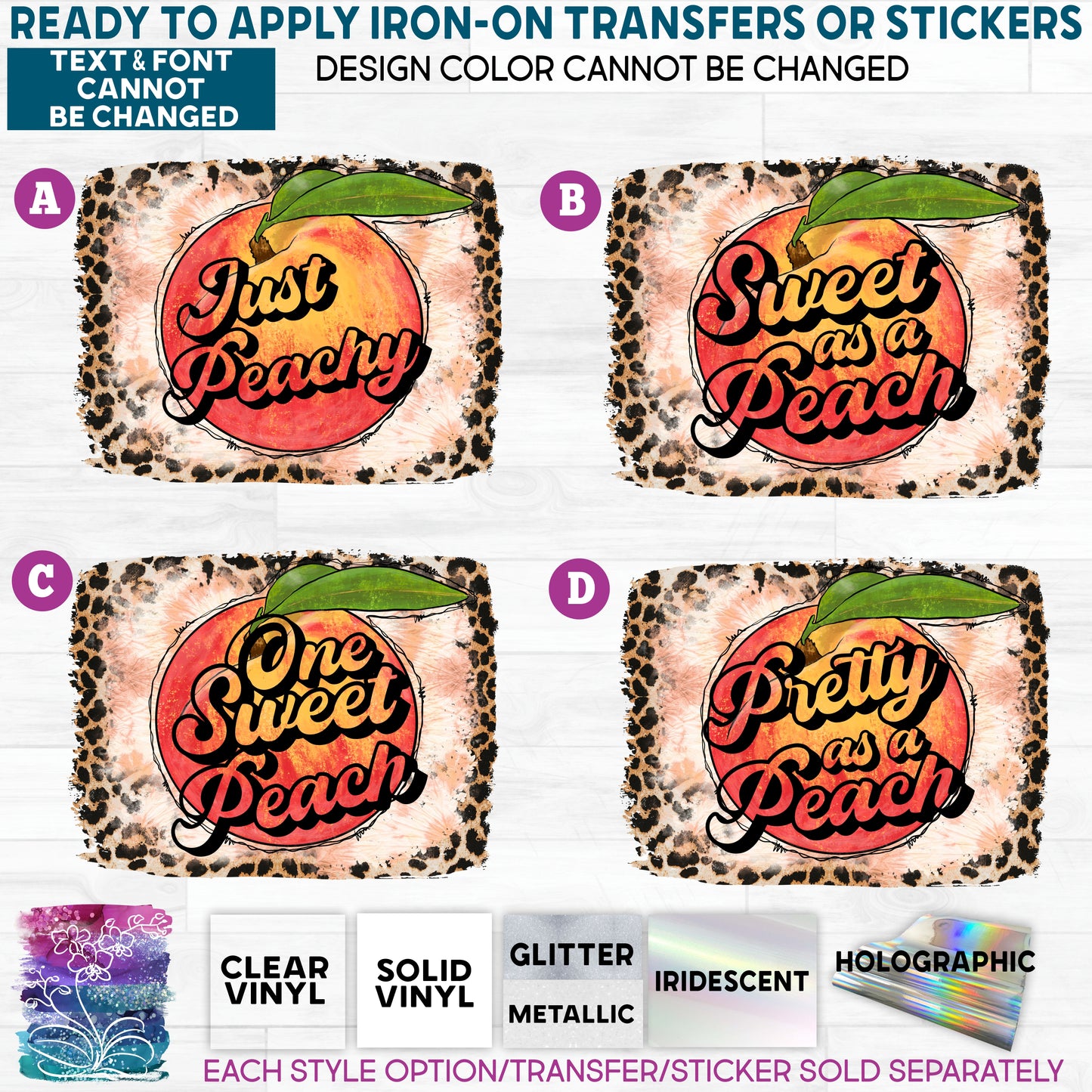 (s415-5) Watercolor Leopard Just Peachy, Sweet as a Peach Glitter or Vinyl Iron-On Transfer or Sticker