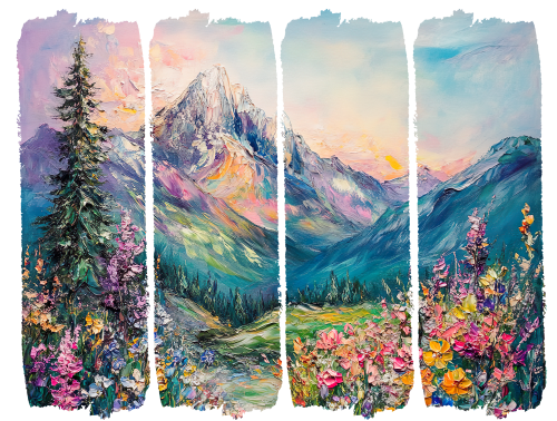 (s420-2-D) Watercolor Brushstroke Mountain Landscape Wildflowers