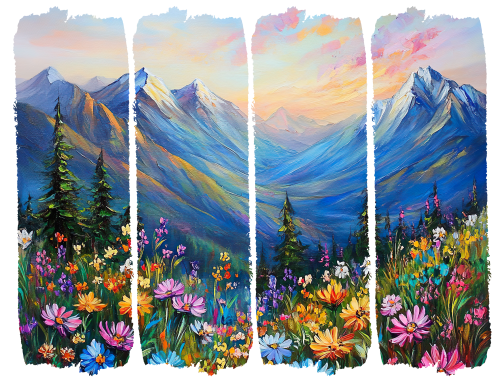 (s420-2-E) Watercolor Brushstroke Mountain Landscape Wildflowers