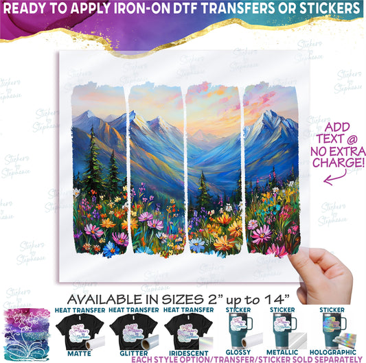 (s420-2-E) Watercolor Brushstroke Mountain Landscape Wildflowers