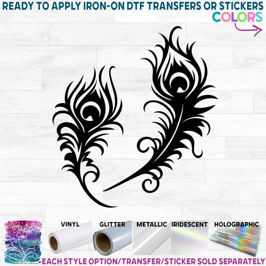 (s043-1C) Set of 2 Peacock Feathers Printed Heat Transfer or Sticker