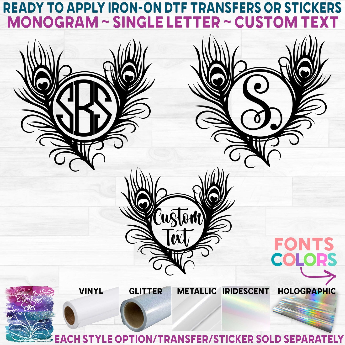 (s043-2C) Peacock Feather Monogram Custom Text