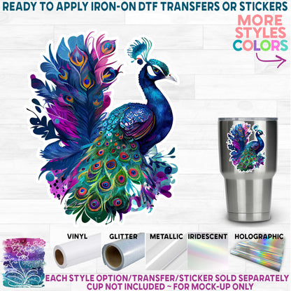 (s043-1) Watercolor Peacock Peacocks Blue Purple Green Printed Heat Transfer or Sticker