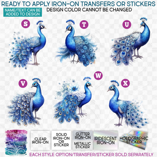 (s043-1) Watercolor Peacock Peacocks Blue Glitter or Vinyl Iron-On Transfer or Sticker