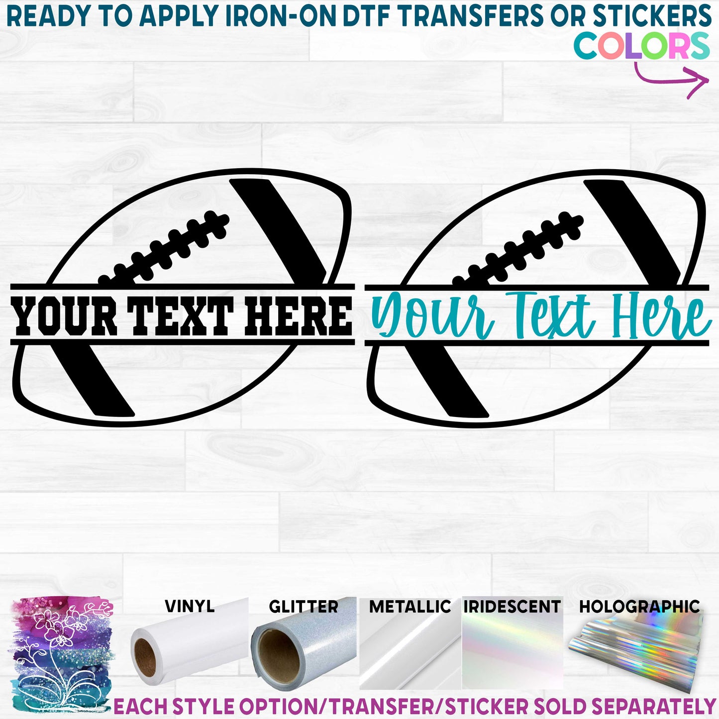 (s044-2I) Football Split Team Name or Custom Text Printed Heat Transfer or Sticker