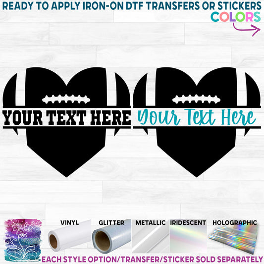 (s044-2J) Heart Football Split Team Name Player Number or Custom Text Printed Heat Transfer or Sticker