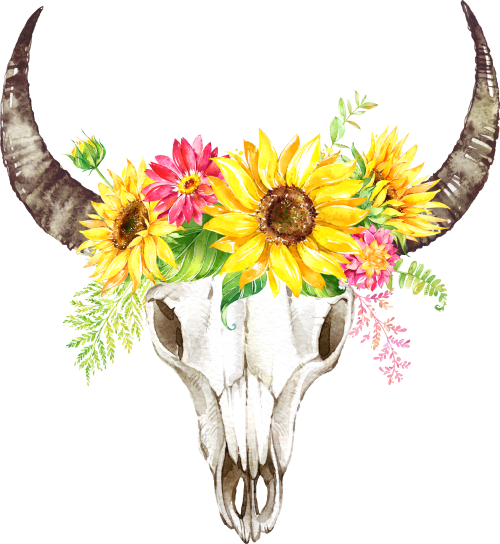 (s045-1-A) Cow Skull Sunflowers