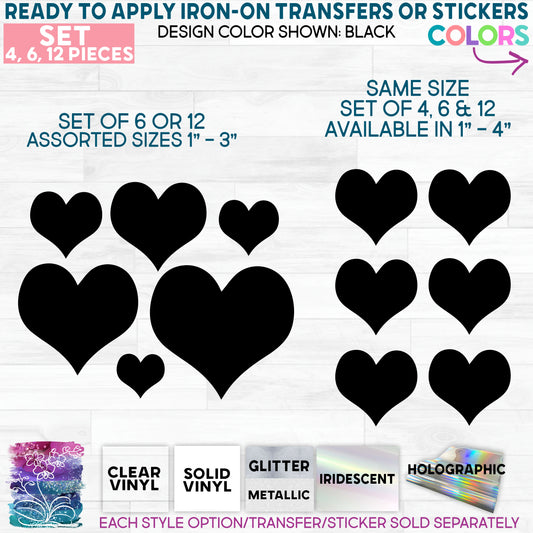 SBS-46-S2 Heart Shapes Set of 4, 6 or 12 Same or Assorted Sizes Made-to-Order Iron-On Transfer or Sticker