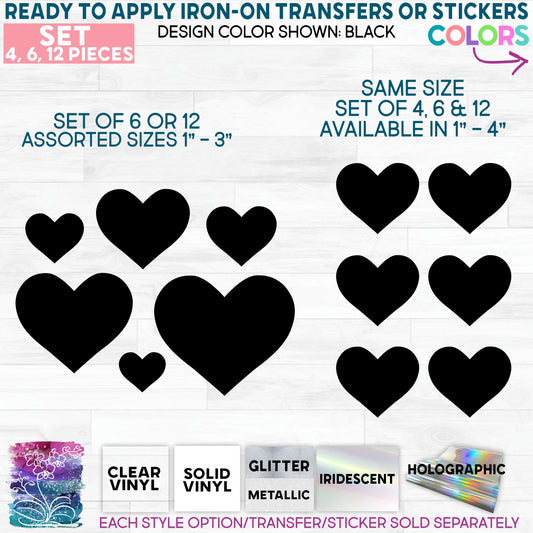 SBS-46-S5 Heart Shapes Set of 4, 6 or 12 Same or Assorted Sizes Made-to-Order Iron-On Transfer or Sticker