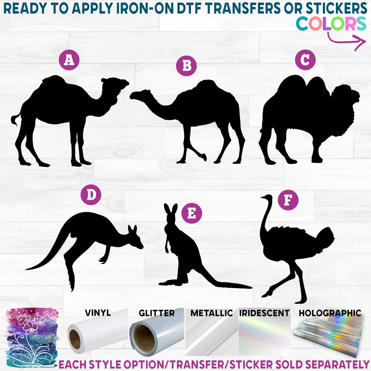 (s005-6) Camel Kangaroo Ostrich Animal Printed Heat Transfer or Sticker